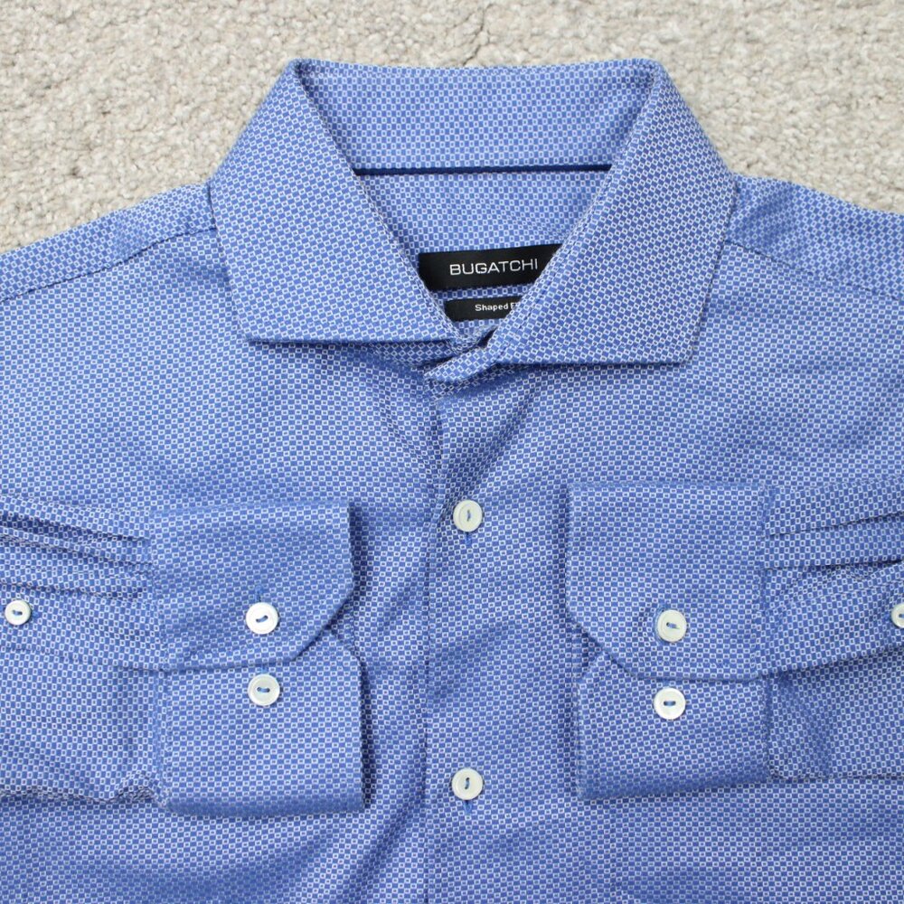 Bugatchi Shirt Mens‎ 15 1/2, 34/35 Blue Geometric Shaped Fit Cotton Long Sleeve